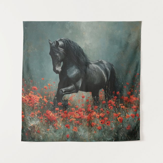 Black Friesian Stallion Red Poppies Tapestry (Front)