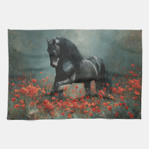 Black Friesian Stallion Red Poppies Tea Towel