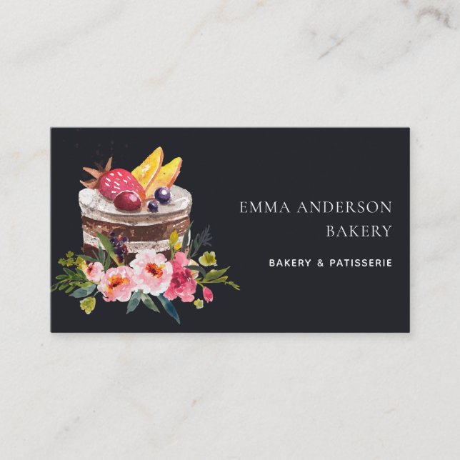 BLACK FRUIT FLORAL CAKE PATISSERIE CUPCAKE BAKERY BUSINESS CARD (Front)