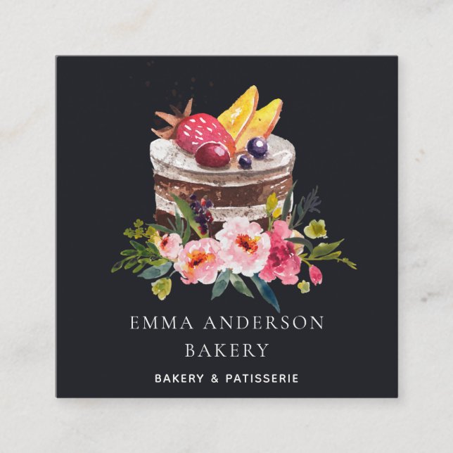 BLACK FRUIT FLORAL CAKE PATISSERIE CUPCAKE BAKERY SQUARE BUSINESS CARD (Front)