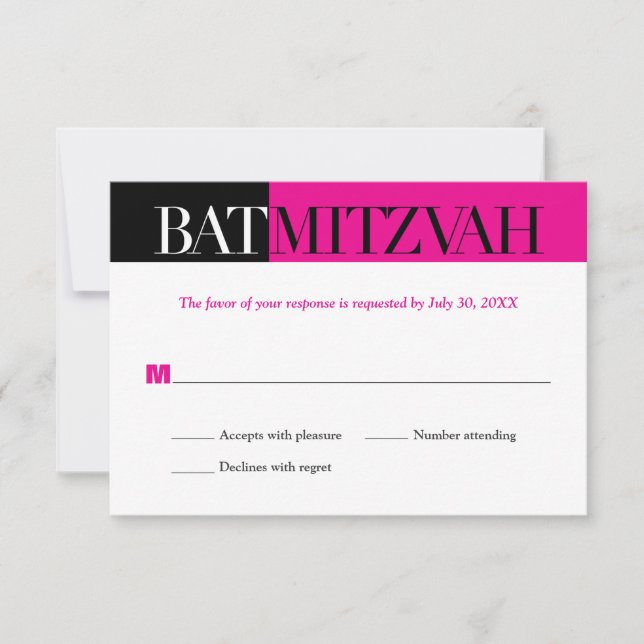 Black Fuchsia Block Bat Mitzvah Reply RSVP (Front)