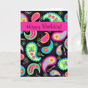 Black Fuchsia Pink Modern Paisley Happy Birthday Card