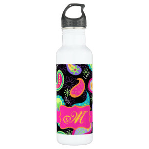 Black Fuchsia Pink Modern Paisley Monogram 710 Ml Water Bottle
