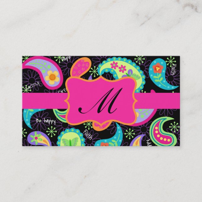 Black Fuchsia Pink Modern Paisley Pattern Monogram Business Card (Front)