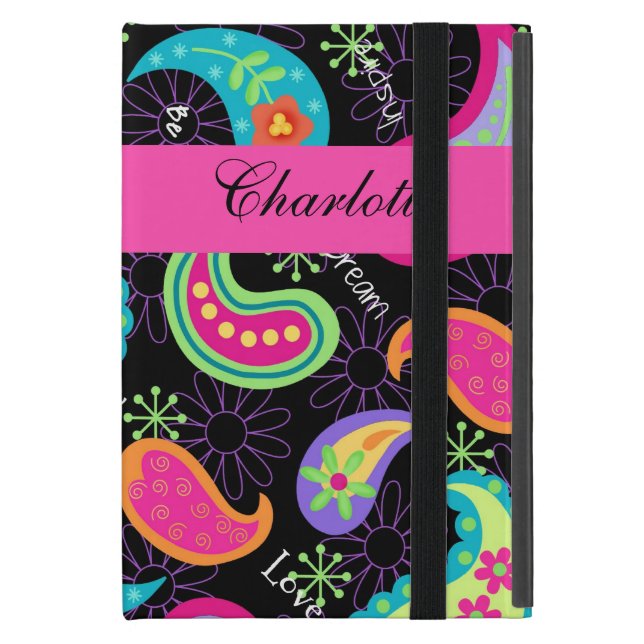 Black Fuchsia Pink Modern Paisley Personalised iPad Mini Cover (Front Closed)