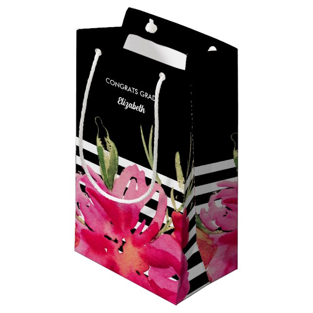Black | Fuchsia Watercolor Floral Graduation  Small Gift Bag (Front Angled)