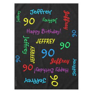 Black FUN 90th Birthday Party, Repeating Names Tablecloth