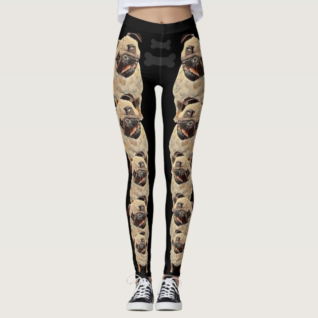 Black Fun and Funky Pastel Pug Dog Leggings (Front)