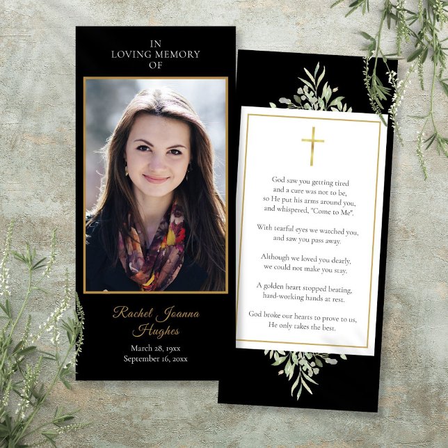 Black Funeral Memorial Photo Greenery Prayer Card (Black Funeral Memorial Photo Greenery Prayer Card)