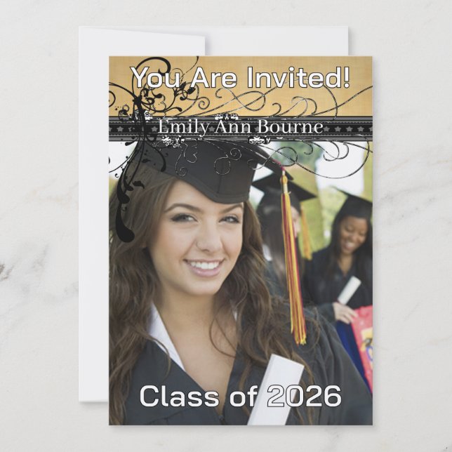 Black Funky Elegant Swirls-Change to Current Year Invitation (Front)