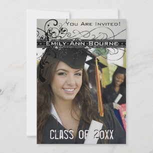 Black Funky Elegant Swirls Graduation Invite