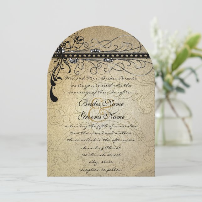 Black Funky Elegant Swirls Wedding RSVP Invitation (Standing Front)