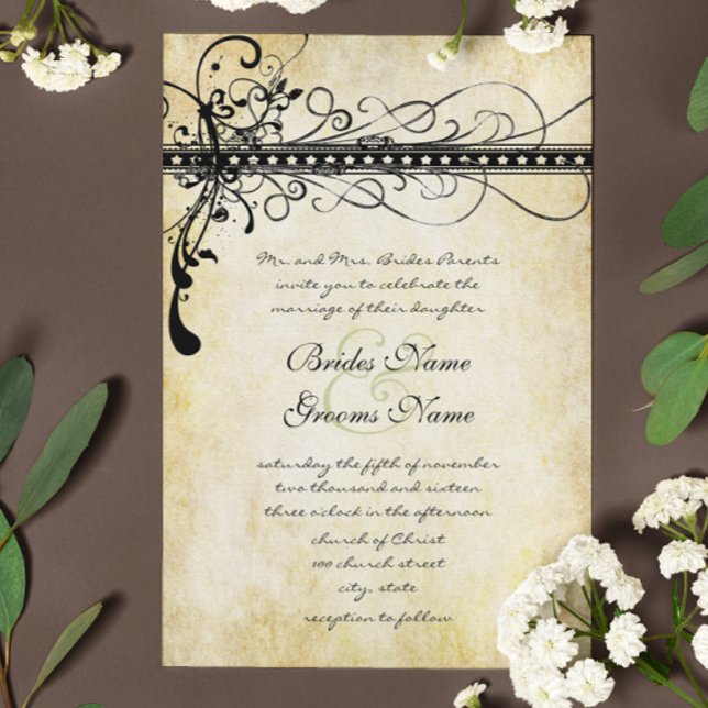 Black Funky Grunge Swirls Wedding Invitation (Creator Uploaded)