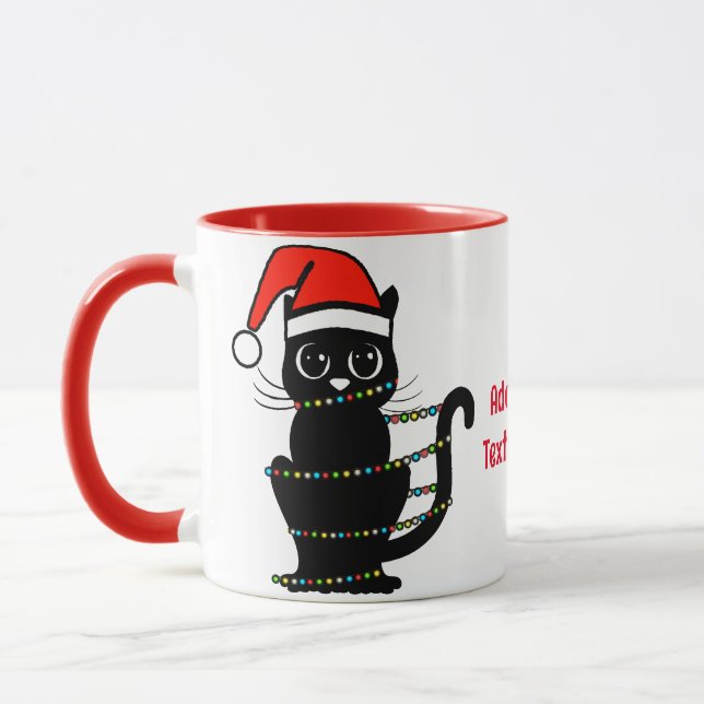 Black Funny Cat Christmas Light Santa Hat Red Mug (Left)