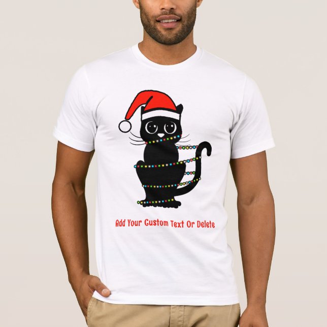 Black Funny Cat Christmas Light Santa Hat T-Shirt (Front)
