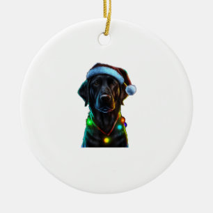 Black Funny dog Christmas Santa Hat lights tree Ceramic Ornament