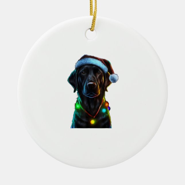 Black Funny dog Christmas Santa Hat lights tree  Ceramic Ornament (Front)
