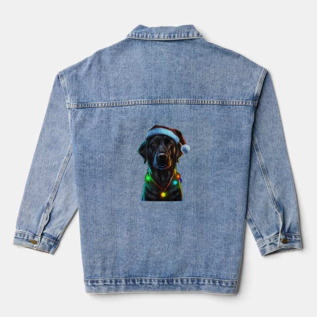 Black Funny dog Christmas Santa Hat lights tree  Denim Jacket (Back)