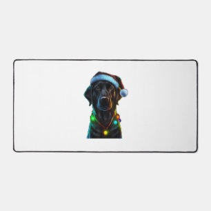 Black Funny dog Christmas Santa Hat lights tree Desk Mat