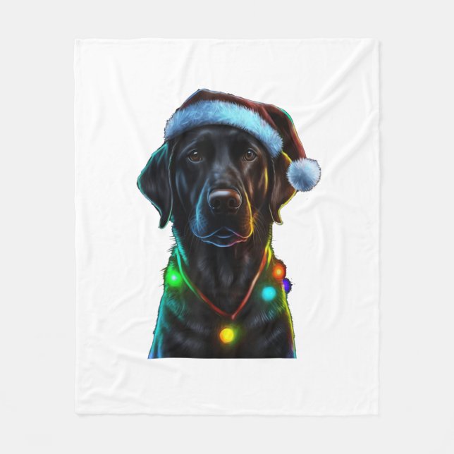 Black Funny dog Christmas Santa Hat lights tree  Fleece Blanket (Front)