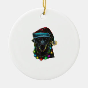 black Funny dog Christmas Santa Hat lights tree ho Ceramic Ornament