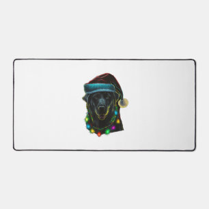 black Funny dog Christmas Santa Hat lights tree ho Desk Mat