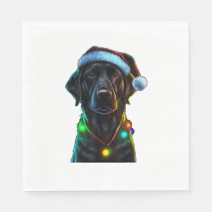 Black Funny dog Christmas Santa Hat lights tree  Napkin
