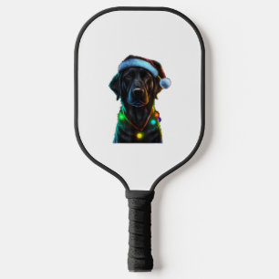 Black Funny dog Christmas Santa Hat lights tree Pickleball Paddle