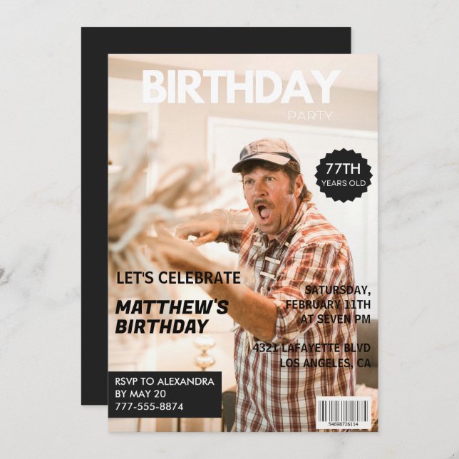 Black Funny Magazine Cover Photo 77th birthday Invitation (Front/Back)