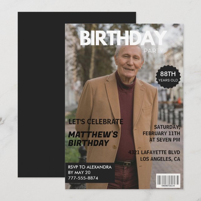Black Funny Magazine Cover Photo 88th birthday Invitation (Front/Back)