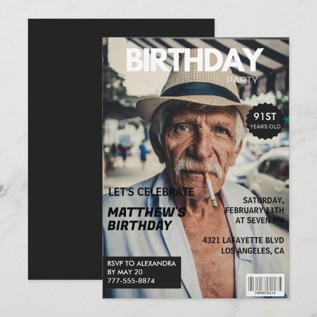 Black Funny Magazine Cover Photo 91st birthday Invitation (Front/Back)