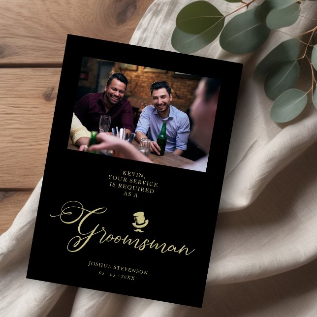 Black Funny Photo Proposal Wedding Groomsman (Black Groomsman Funny Wedding Minimalist Photo Proposal Card.)