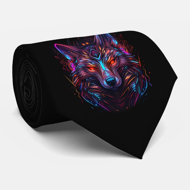 Black Futuristic Radiant Neon Wolf Necktie (Rolled)