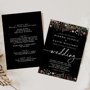 Black Galant Wildflower Front & Back Wedding Invitation