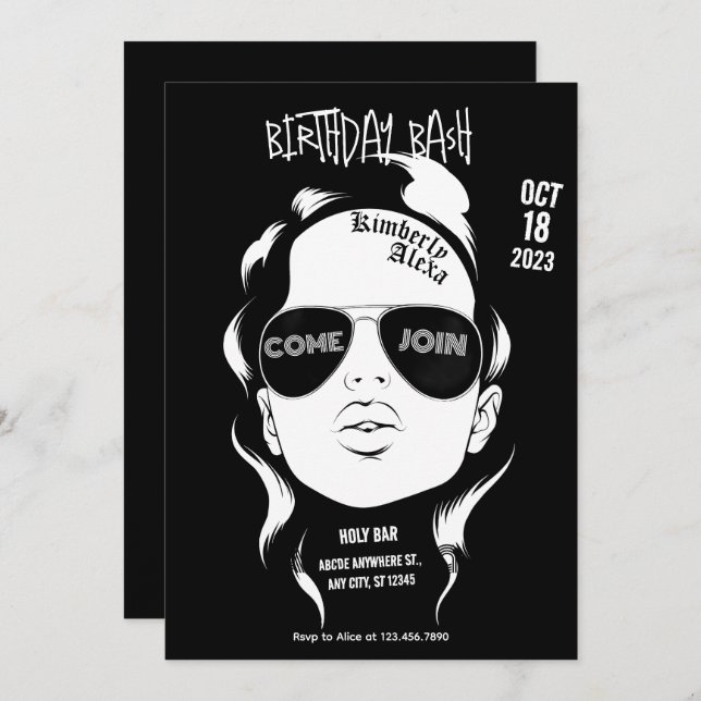 Black gangsta girl rock birthday bash invitation (Front/Back)