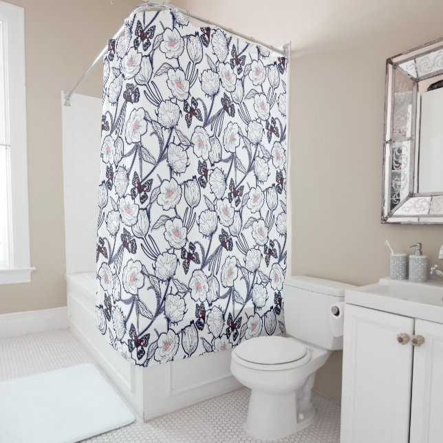 Black Garden Floral Shower Curtain (In Situ)