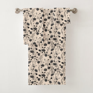 black Garden Flowers Wildflower Spring Meadow Bath Towel Set