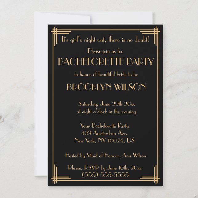 Black Gatsby Art Deco Bachelorette Party Invites (Front)