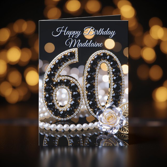 Black Gems White Rose and Pearls 60th Birthday Card (Creator Uploaded)