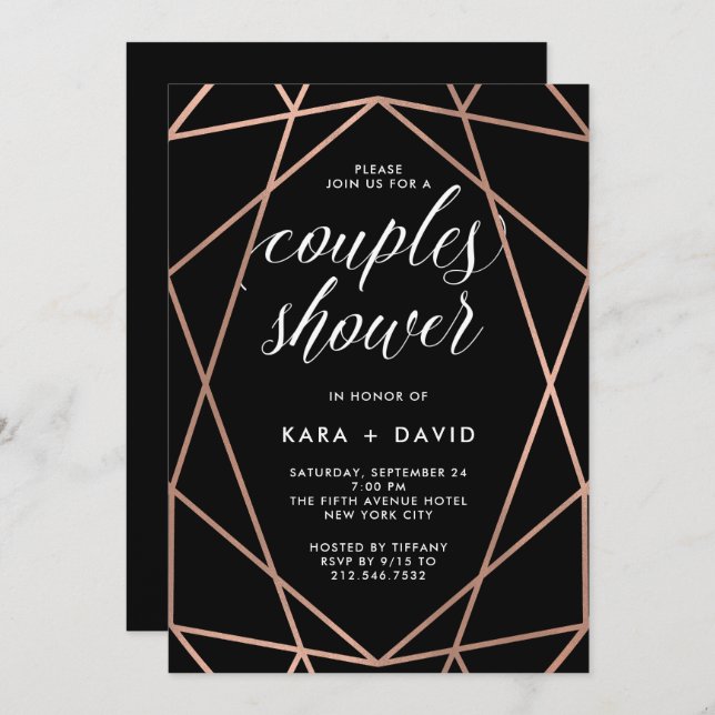 Black Geometric Faux Rose Gold Couples Shower Invitation (Front/Back)