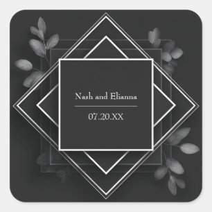 Black Geometric Frame Botanical Accents Wedding Square Sticker
