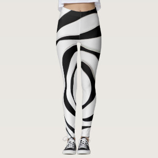 Black geometric spiral design on white background leggings