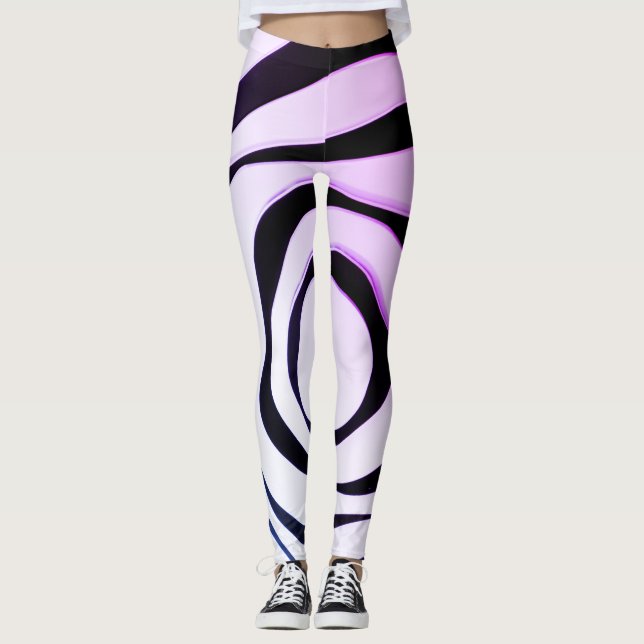 Black geometric spiral design on white background leggings (Front)