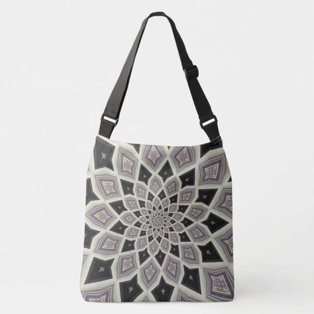 Black Geometric Spiral Fractal Mosaic Art Pattern Crossbody Bag (Front)