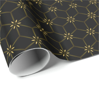 Black Geometry Gold Floral Daisies Wrapping Paper