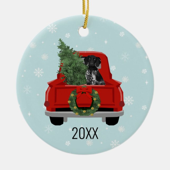 Black German Pointer Christmas Red Truck Ceramic Ornament (Front)