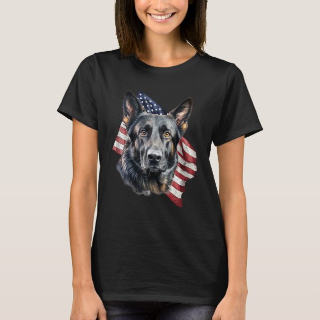 Black German Shepherd 4th Of July Dog  American Fl T-Shirt (Front)