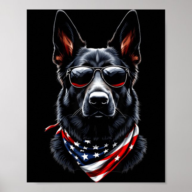 Black German Shepherd American Flag 4th July Poster (Front)