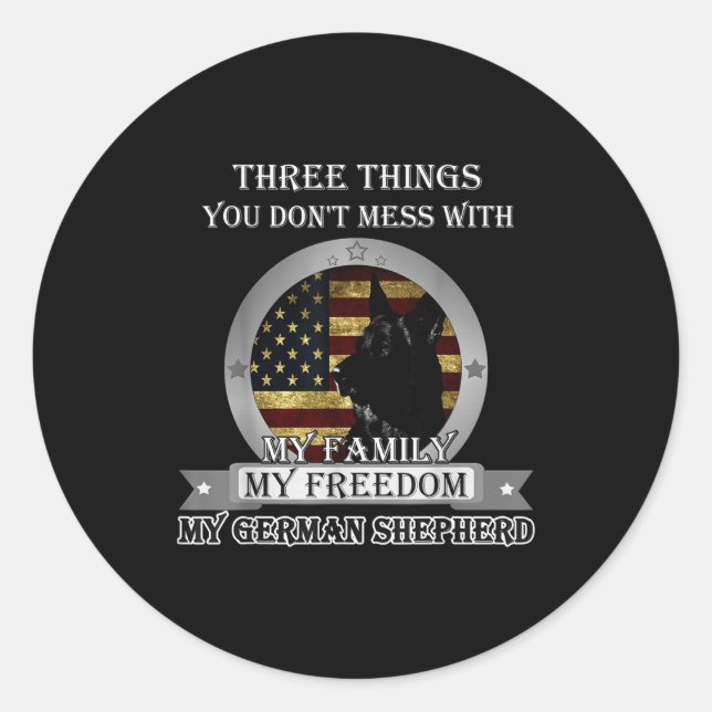 Black German Shepherd American Flag Three Things Y Classic Round Sticker (Front)