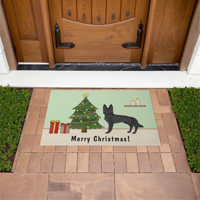 Black German Shepherd And Festive Christmas Tree Doormat (Outdoor)